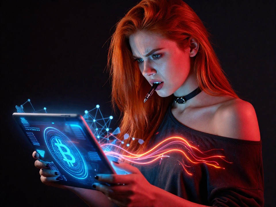 Аренда энергии TRON: выбор оптимального варианта Девушка с рыжими волосами работает с планшетом, на экране которого отображается абстрактный интерфейс криптовалютной сети TRON с пульсирующими оранжевыми энергетическими потоками